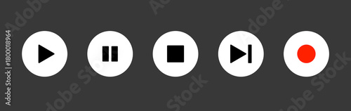 Media player button icons set. Music and video player button: play, pause, next, record. Action media symbol for app and websites, UI template. Vector illustration
