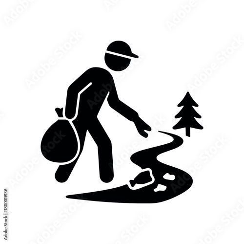 person collecting trash on trail flat black solid vector illustration isolated on white background