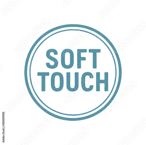 Round badge SOFT TOUCH uppercase font skyblue ink tone subtle grain circular border outline