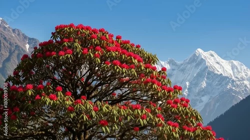 Image is a vibrant landscape photograph featuring a large rhododendron tree in full bloom, with bright red flowers contrasting against its dark green leaves. The tree occupies the foreground, position