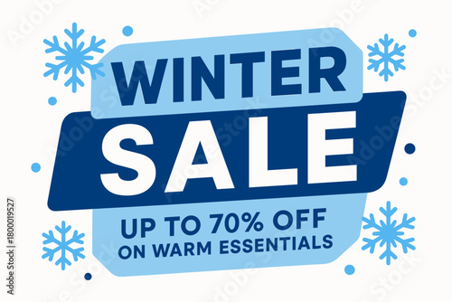 Flat vector banner design text Winter Sale subtitle Up to 70% off on warm essentials bold geometric font blue and white palette