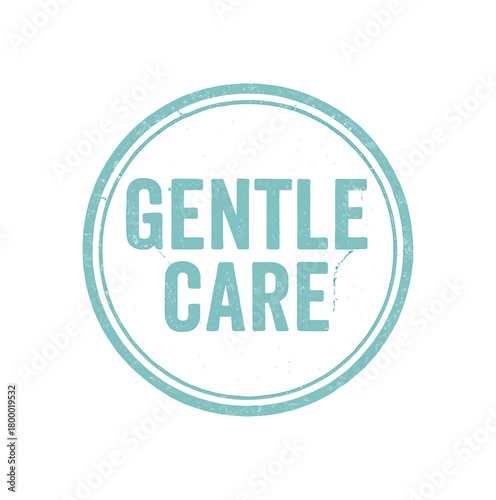 Round rubber stamp GENTLE CARE uppercase font soft turquoise ink texture double border faded print pattern