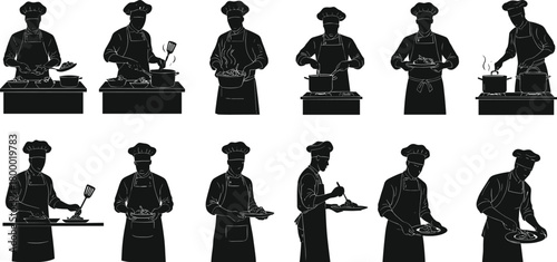 chef, cooking, silhouette, kitchen, chopping, stirring, plating, tasting, steam, apron, hat, food, culinary, preparation, professional