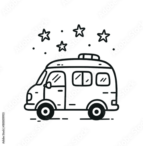 handdrawn cute doodle style camper van under stars vector line illustration