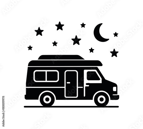 camper van under stars flat black solid vector illustration isolated on white background