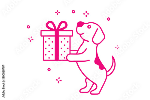 Animated dog cheerfully presents a polka dotted gift box tied with a ribbon bow
