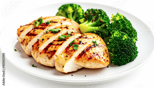 Grilled chicken breast sliced with steamed broccoli on a white plate. AI