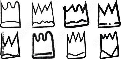 Collection of eight hand drawn black and white crown icons with a rough sketched appearance