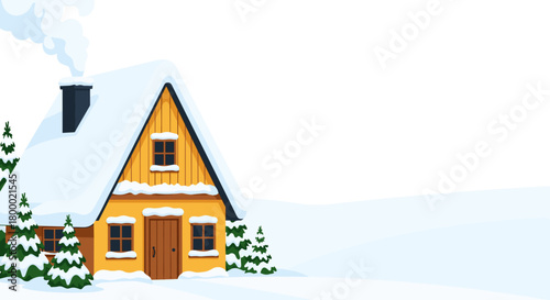 Charming winter cottage with snow-covered roof and smoke coming from the chimney copy space