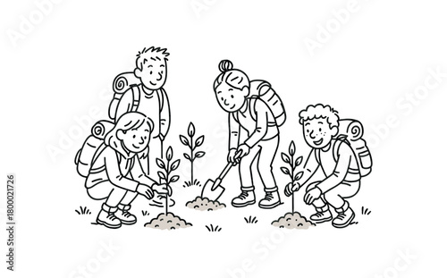 handdrawn cute doodle style group planting trees after hike vector line illustration