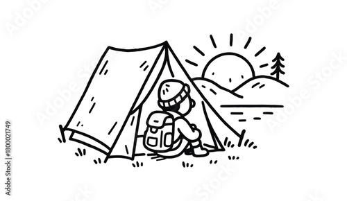 handdrawn cute doodle style traveler watching sunrise from tent vector line illustration