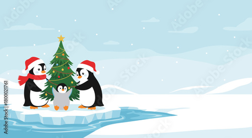 Penguins decorating a Christmas tree on ice floe with a young penguin in winter setting copy space