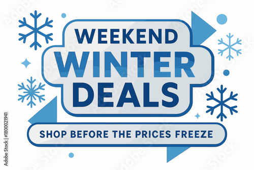 Flat vector banner design text Weekend Winter Deals subtitle Shop before the prices freeze bold geometric font silver and blue palette