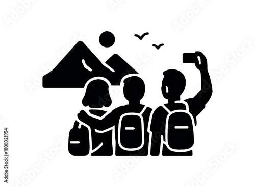 taking photo of mountain view flat black solid vector illustration isolated on white background