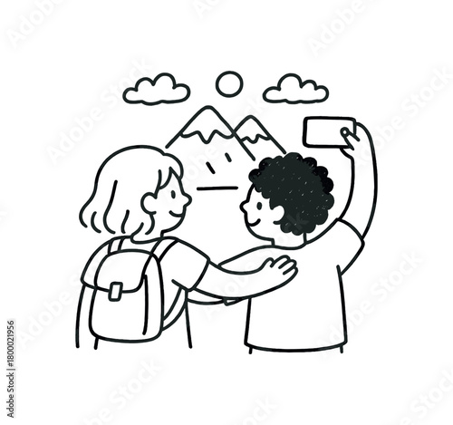 handdrawn cute doodle style taking photo of mountain view vector line illustration