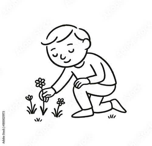 handdrawn cute doodle style person picking wildflowers mindfully vector line illustration