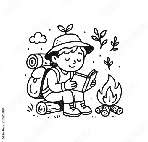 handdrawn cute doodle style eco traveler reading book by campfire vector line illustration