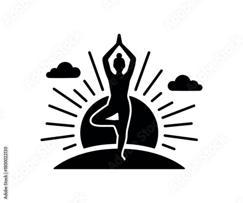 person doing yoga at sunrise on hill flat black solid vector illustration isolated on white background