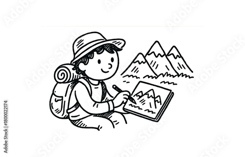 handdrawn cute doodle style traveler drawing mountains sketchbook vector line illustration