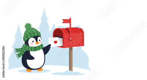 Penguin in green scarf mailing a letter in a red mailbox during winter copy space