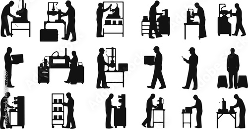 industry, manufacturing, silhouette, machinery, worker, equipment, inspection, assembly, control, technician, factory, process, tools, production, task