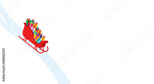 Santa's sleigh full of colorful presents gliding down a snowy hill copy space