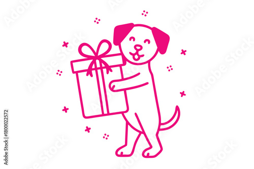 Cheerful outline of dog is delivering a present in pink on white background