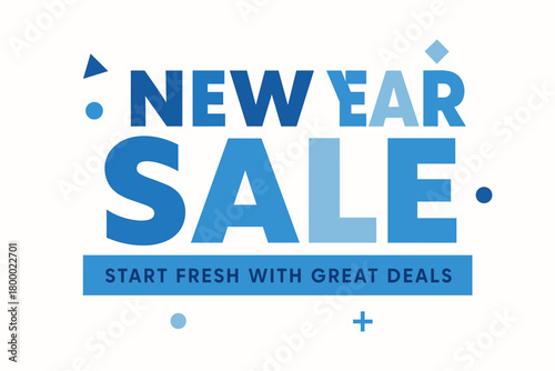 Flat vector banner design text New Year Sale subtitle Start fresh with great deals bold geometric font blue and silver palette