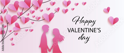 Happy Valentine's Day background, banner with paper cut hearts and couple in love, vector illustration]