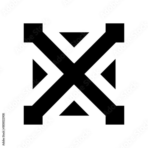 Abstract black X with inward-pointing triangles representing fullscreen exit, window collapse or minimize control for apps, media players and web interfaces.