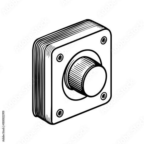 Hand-drawn wall mounted round knob with screws, suggesting deadbolt lock, dimmer switch or volume control in retro engraved style.