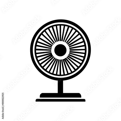 Simple black desk fan front view symbolizing cooling, airflow and summer temperature control for home or office climate.