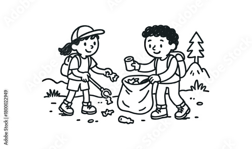 handdrawn cute doodle style collecting trash on hiking trail vector line illustration