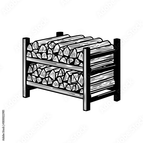 Detailed black firewood rack packed with split logs, representing fireplace fuel storage, winter heating and rustic cabin lifestyle.