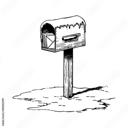Snow-covered rural mailbox filled with letters symbolizing winter deliveries, holiday mail and remote countryside living.