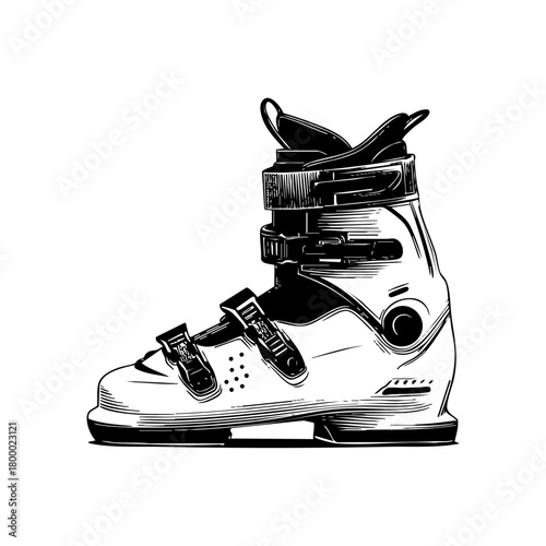 Detailed ski boot with multiple buckles representing professional winter gear, alpine performance and cold-season sports travel.