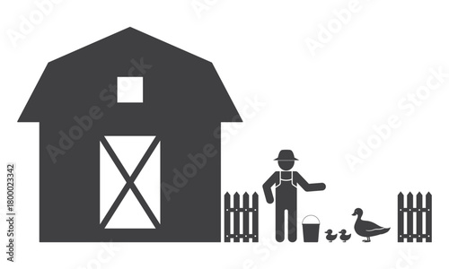 farmer man feed duck close to barn house icon