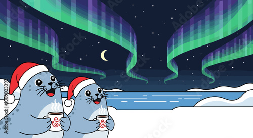 Happy seals enjoying hot chocolate under northern lights on snowy landscape 