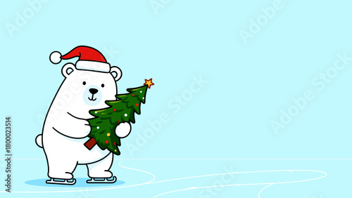 Cute polar bear holding Christmas tree while ice skating on light blue background copy space