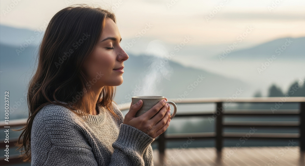 Naklejka premium calm caucasian woman in sweater holding steaming cup of coffee or tea. peaceful morning in mountains. slow living concept. banner, website header, copy space.