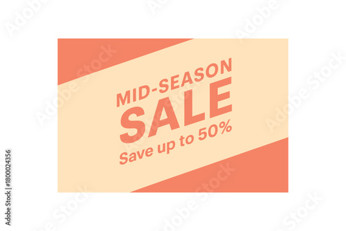 Flat vector banner design text MIDSEASON SALE subtitle Save up to 50% dynamic diagonal blocks coral and beige palette
