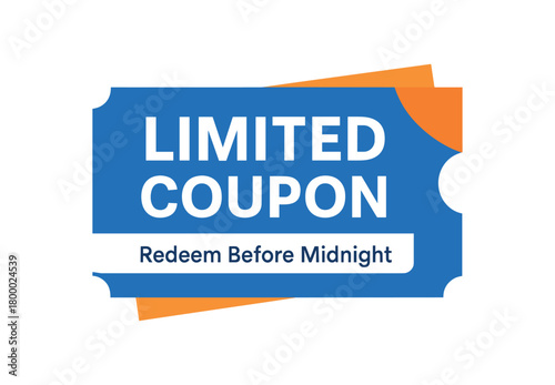 Flat vector banner design text LIMITED COUPON subtitle Redeem Before Midnight blue and orange folded ticket design