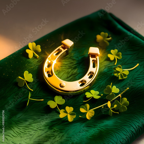 Golden horseshoe still life in warm glow on rich green fabric symbolizing luck and prosperity