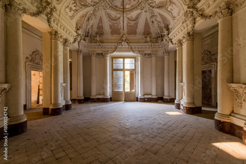 Photos Sunlit decaying ballroom with ornate stucco ceiling and towering columns in a hi