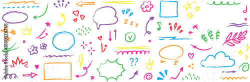Colourful hand drawn doodle elements and shapes on a white background for creative design