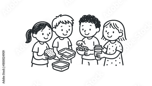 handdrawn cute doodle style group sharing reusable snacks vector line illustration