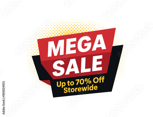 Flat vector banner design text MEGA SALE subtitle Up to 70% Off Storewide clean bold typography on layered red and black shapes halftone backdrop
