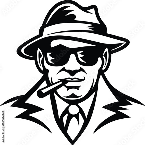 Isolated cartoon man wearing a fedora and sunglasses smokes a cigar in black and white