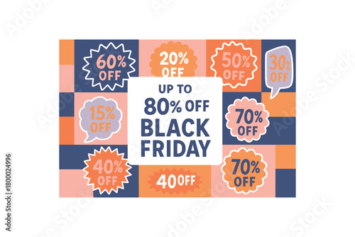 flat vector banner UP TO 80% OFF grid of vector discount starburst stickers around central headline Black Friday varied shapes (sawtooth scallop speech bubble) colors navy/pink/orange/lilac