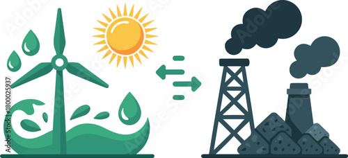 Green energy against fossil fuels vector conceptual illustration of sustainable resources and pollution factories flat design style
